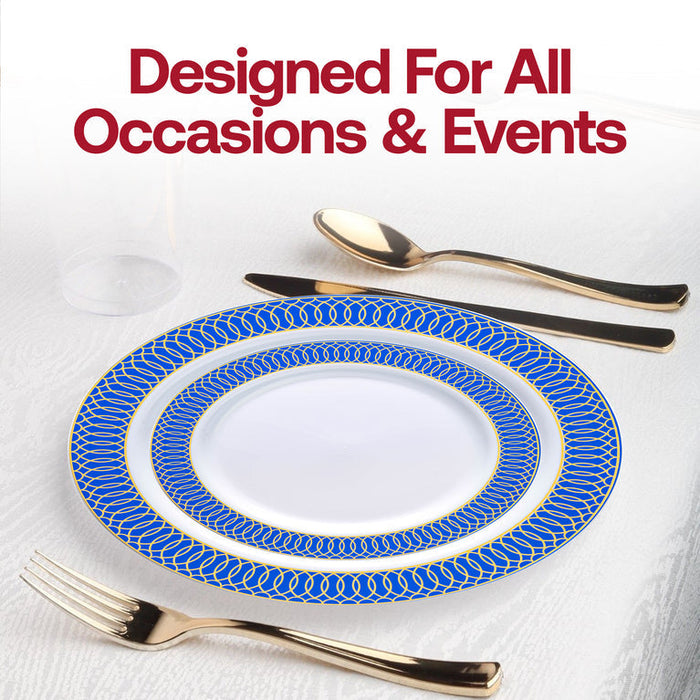 White with Gold Spiral on Blue Rim Plastic Plates
