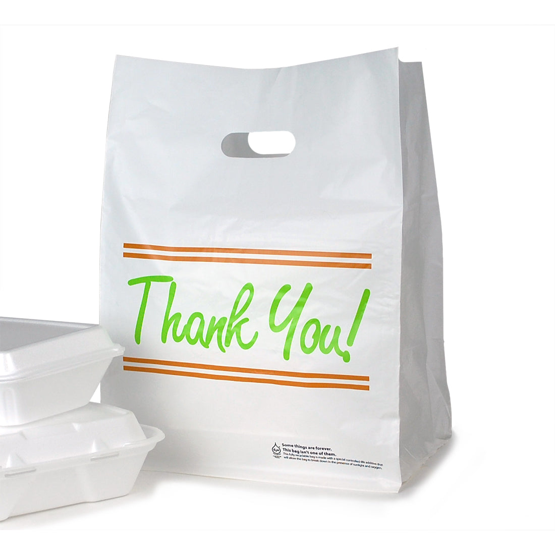 12" x 10" x 16" + 10"BG 1.75 mil Printed White Take Out Bag w/ Die Cut Handle and Square-Cut Top, 500/CS
