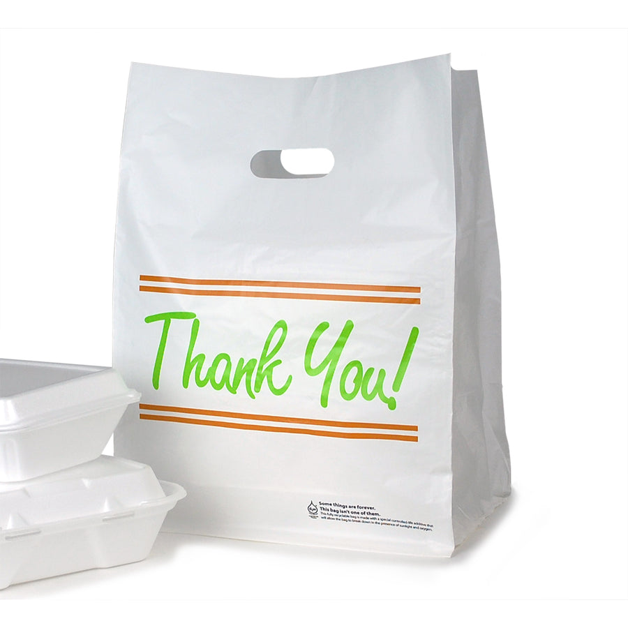 12" x 10" x 16" + 10"BG 1.75 mil Printed White Take Out Bag w/ Die Cut Handle and Square-Cut Top, 500/CS