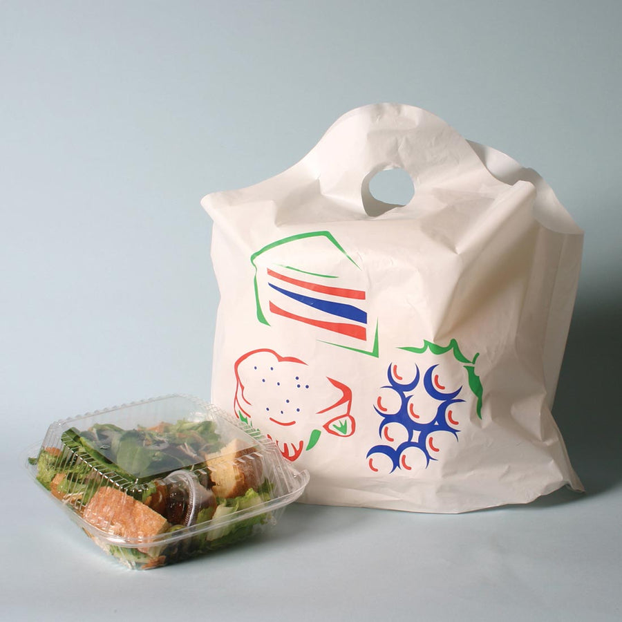12" x 13" + 5"BG 1.2 mil Printed White Take Out Bag w/ Wave Top Handle, 1000/CS