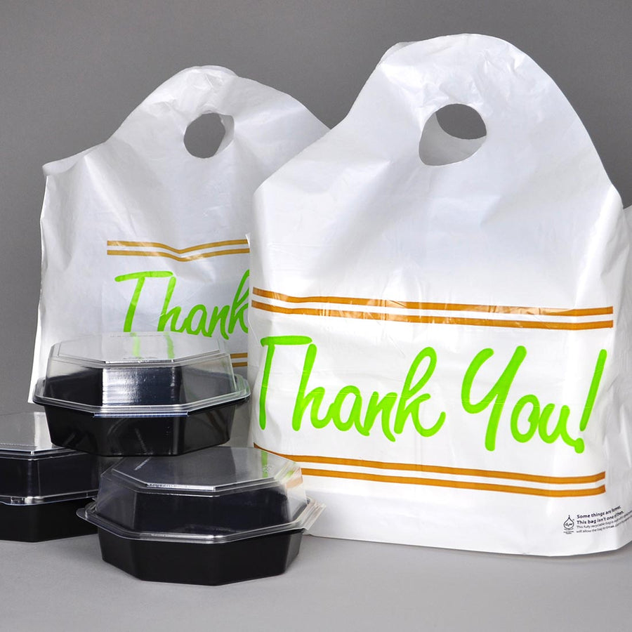16.5" x 14" + 6"BG 1.25 mil Printed "Thank You" Take Out Bag w/ Wave Top Handle, 500/CS