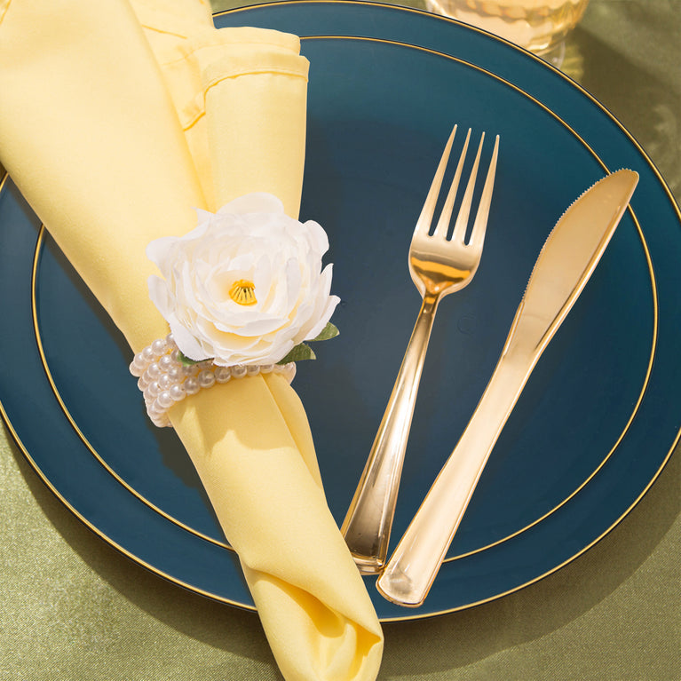 Organic Round With Gold Rim Disposable Dinnerware Set – Elegant Plastic Plates for Events