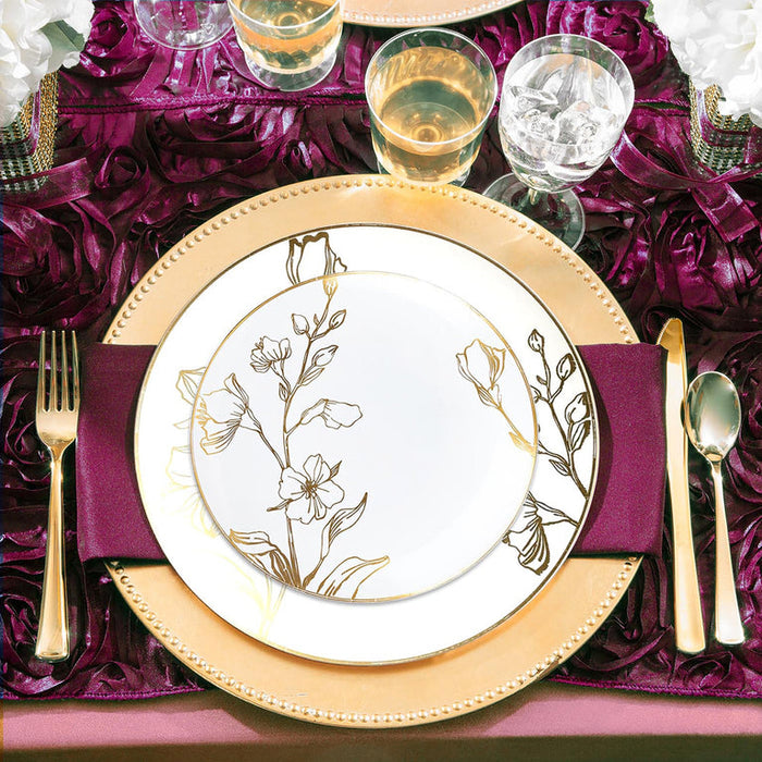 White & Gold Antique Floral Disposable Dinnerware Set – Elegant Plastic Plates for Events