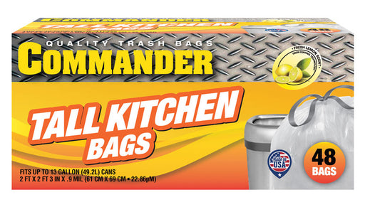 Commander 13 Gallon 0.9 MIL Lemon Scent Tall Kitchen White Drawstring Trash Bags - 24" x 27" - Pack of 48 - for Home, Kitchen, & Office