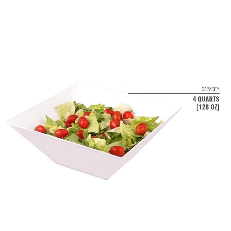 128oz Square Disposable Plastic Serving Bowls- 24/CS (White & Clear)