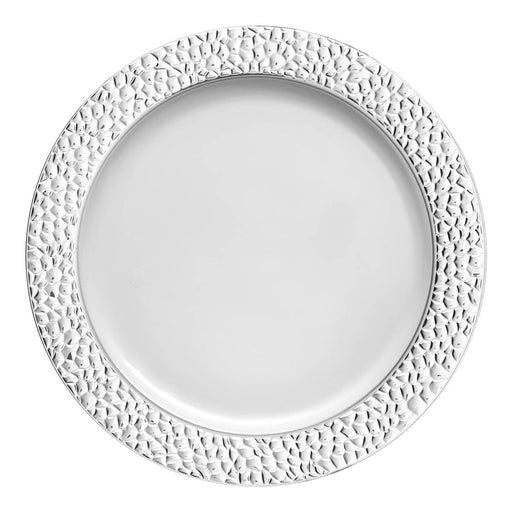White with Silver Hammered Rim Round Plastic Salad Plates (7.5")-120 Plates Per Case