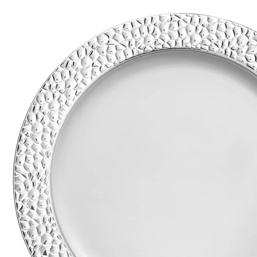 White with Silver Hammered Rim Round Disposable Plastic Dinner Plates (10.25")-120 Plates