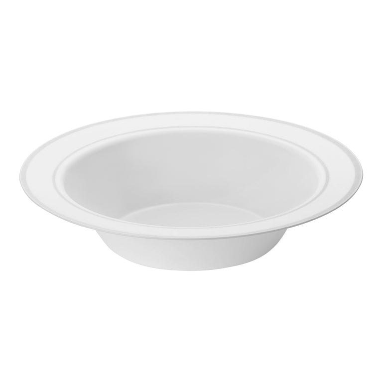 White Plastic 12oz Bowls with Silver Rim
