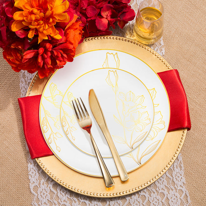 White & Gold Antique Floral Disposable Dinnerware Set – Elegant Plastic Plates for Events