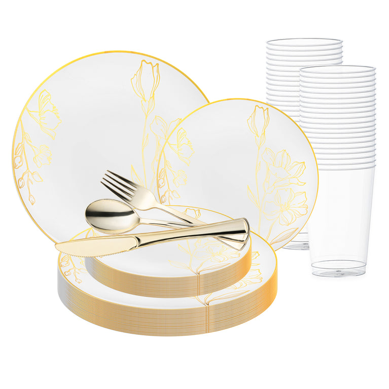 White & Gold Antique Floral Disposable Dinnerware Set – Elegant Plastic Plates for Events