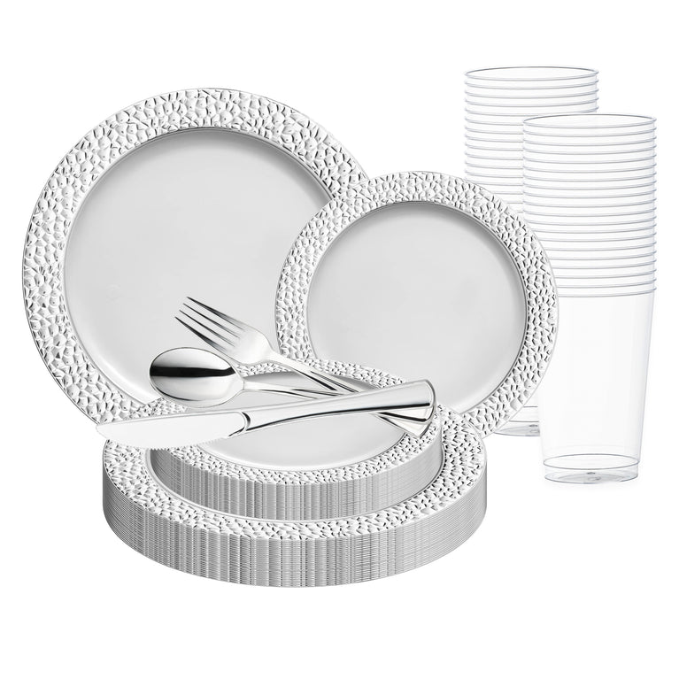 White with Silver Hammered Rim Round Plastic  Disposable Dinnerware Set – Elegant Plastic Plates for Events