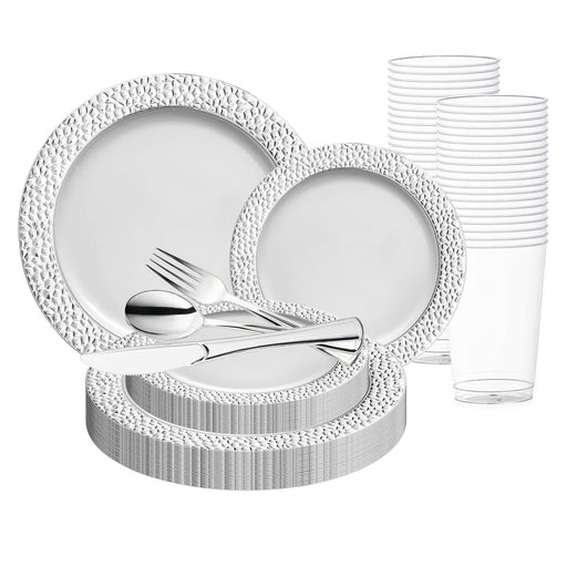 White with Silver Hammered Rim Round Plastic  Disposable Dinnerware Set – Elegant Plastic Plates for Events