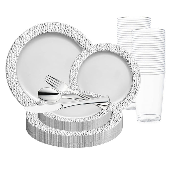White with Silver Hammered Rim Round Plastic  Disposable Dinnerware Set – Elegant Plastic Plates for Events