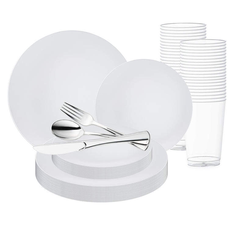Organic Round With Gold Rim Disposable Dinnerware Set – Elegant Plastic Plates for Events