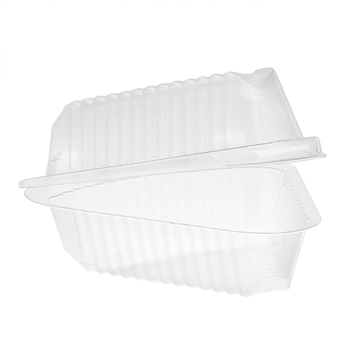 Pactiv Evergreen 9 inch clear OPS hinged lid pie wedge container for a single slice of pie or cheesecake