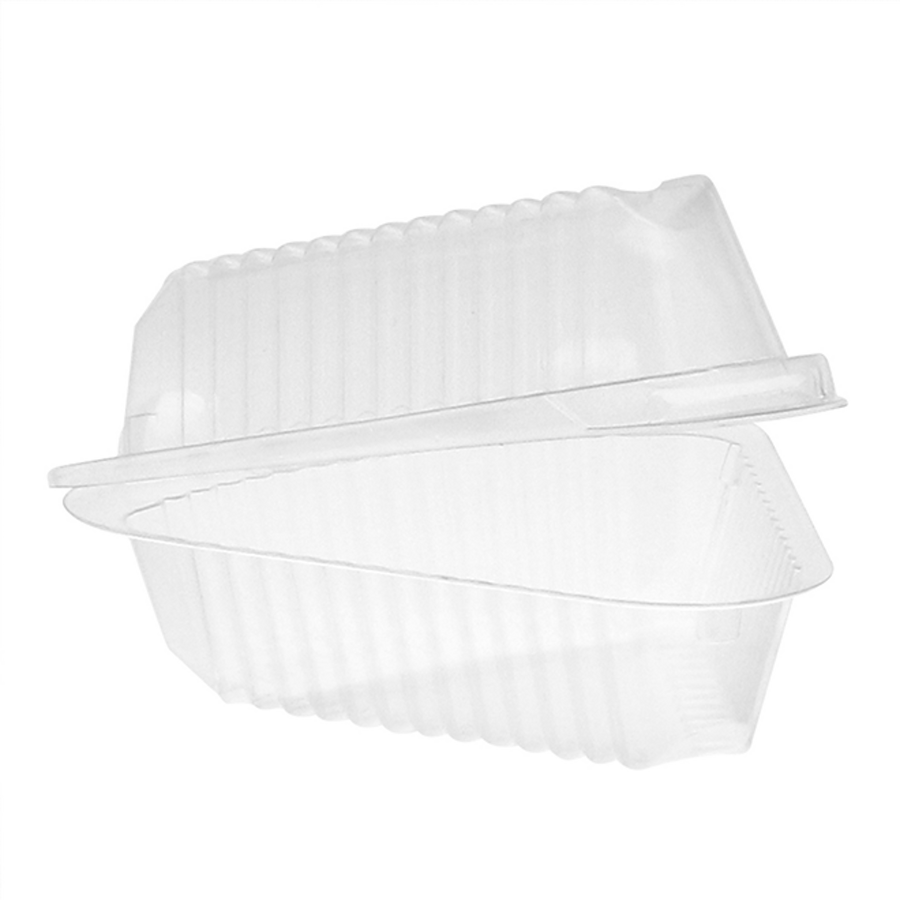 Pactiv Evergreen 9 inch clear OPS hinged lid pie wedge container for a single slice of pie or cheesecake