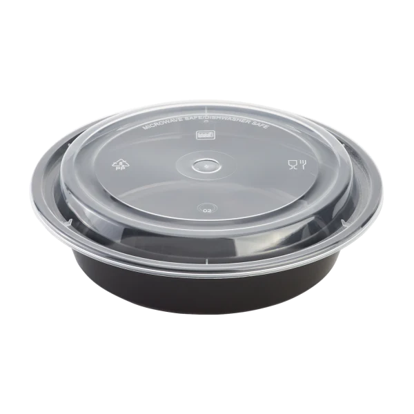 Karat 24 oz PP Plastic Microwavable Round Food Containers & Lids, Black - 150 sets