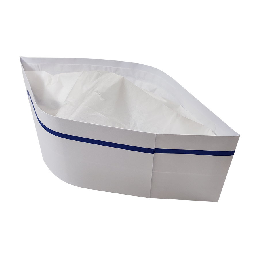 White Overseas Cap - Blue Stripe, Disposable Foodservice Cap (Case of 100) - 100-B