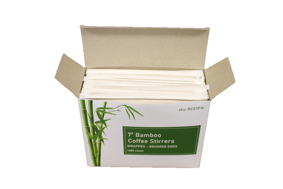 7" Bamboo Coffee Stirrers, Individually Paper Wrapped BCS7PW