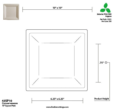 10" PFAS FREE SQUARE PLATE (Bagasse Plates)-250/CS