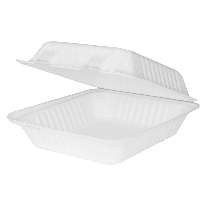 8''x8'' PFAS Free Compostable Bagasse Hinged Containers - 200 Containers