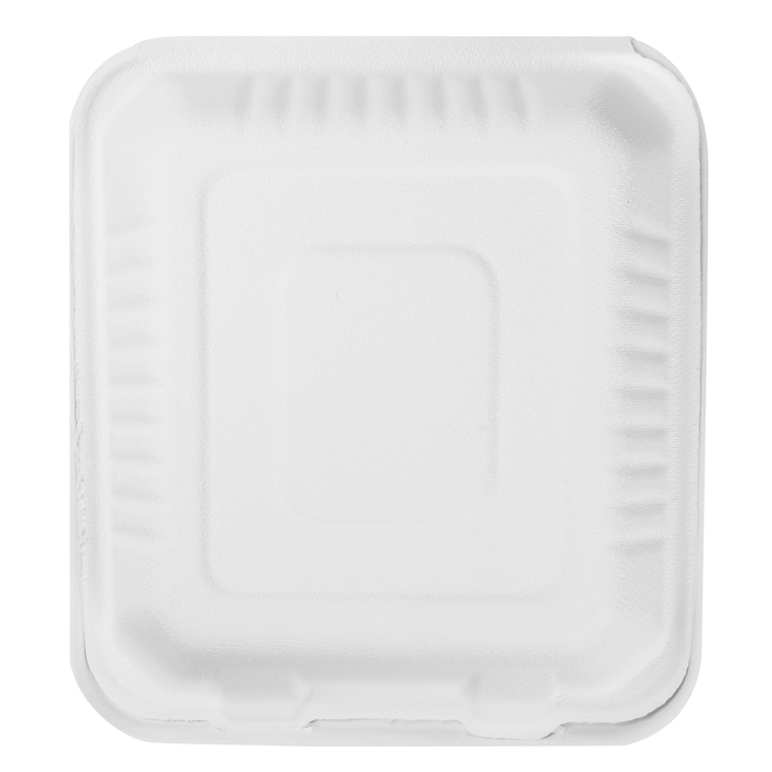 8''x8'' PFAS Free Compostable Bagasse Hinged Containers - 200 Containers
