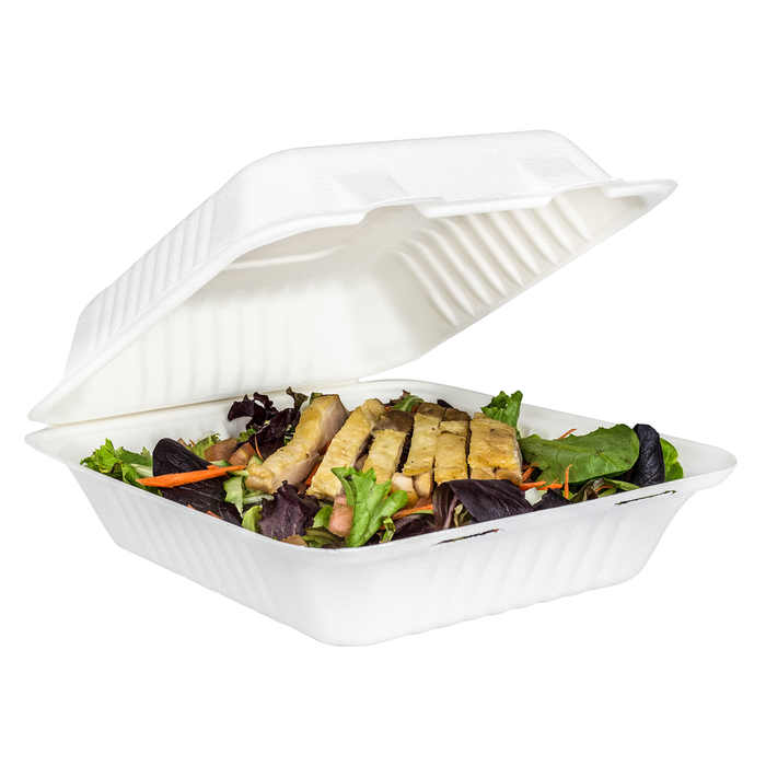 8''x8'' PFAS Free Compostable Bagasse Hinged Containers - 200 Containers