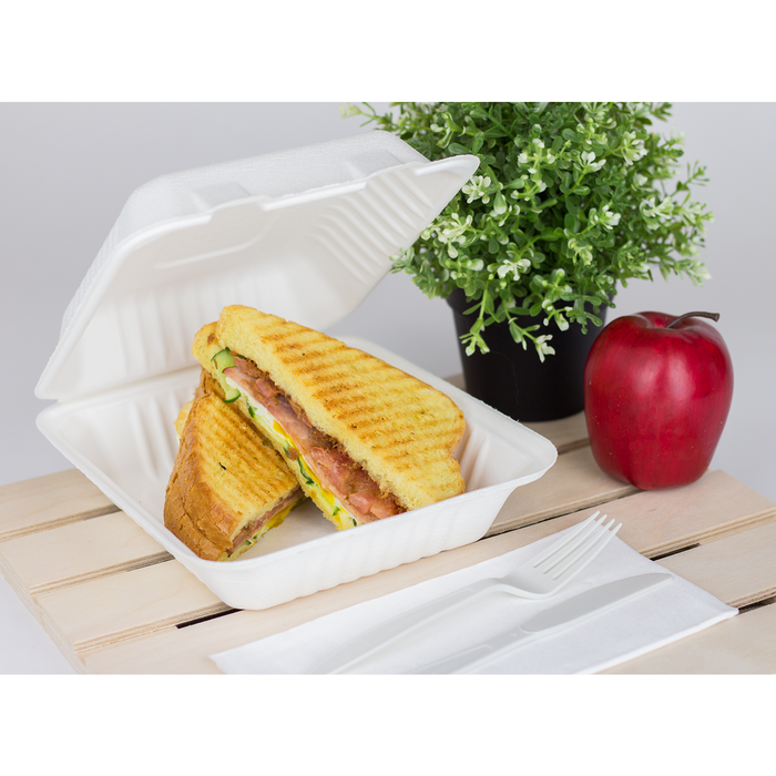 8''x8'' PFAS Free Compostable Bagasse Hinged Containers - 200 Containers