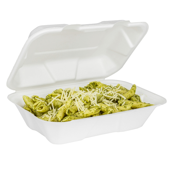 9''x6'' PFAS Free Compostable Bagasse Hinged Containers - 200 Containers