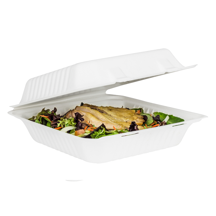 9'' x 9'' Compostable Bagasse (PFAS FREE) Hinged Containers - 200 Containers