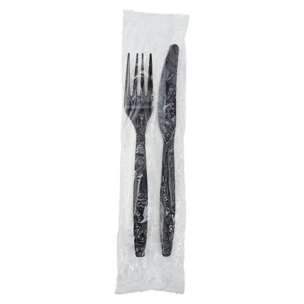 Heavy-Weight Cutlery Kits (Knife, Fork, 1-ply Napkin) - Black - 500 Kits