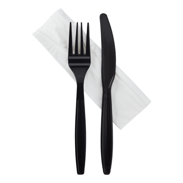 Heavy-Weight Cutlery Kits (Knife, Fork, 1-ply Napkin) - Black - 500 Kits