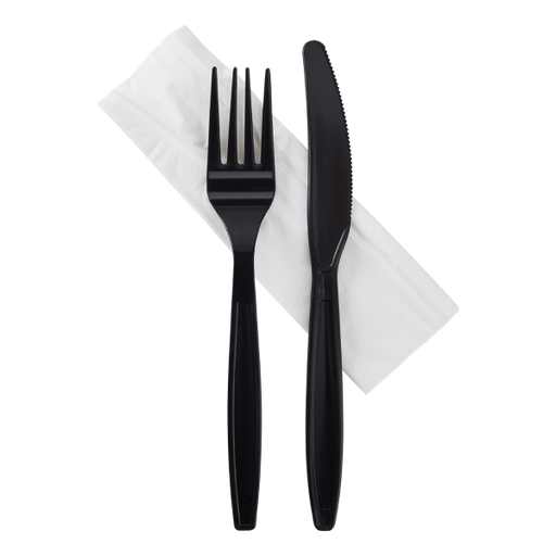 Heavy-Weight Cutlery Kits (Knife, Fork, 1-ply Napkin) - Black - 500 Kits