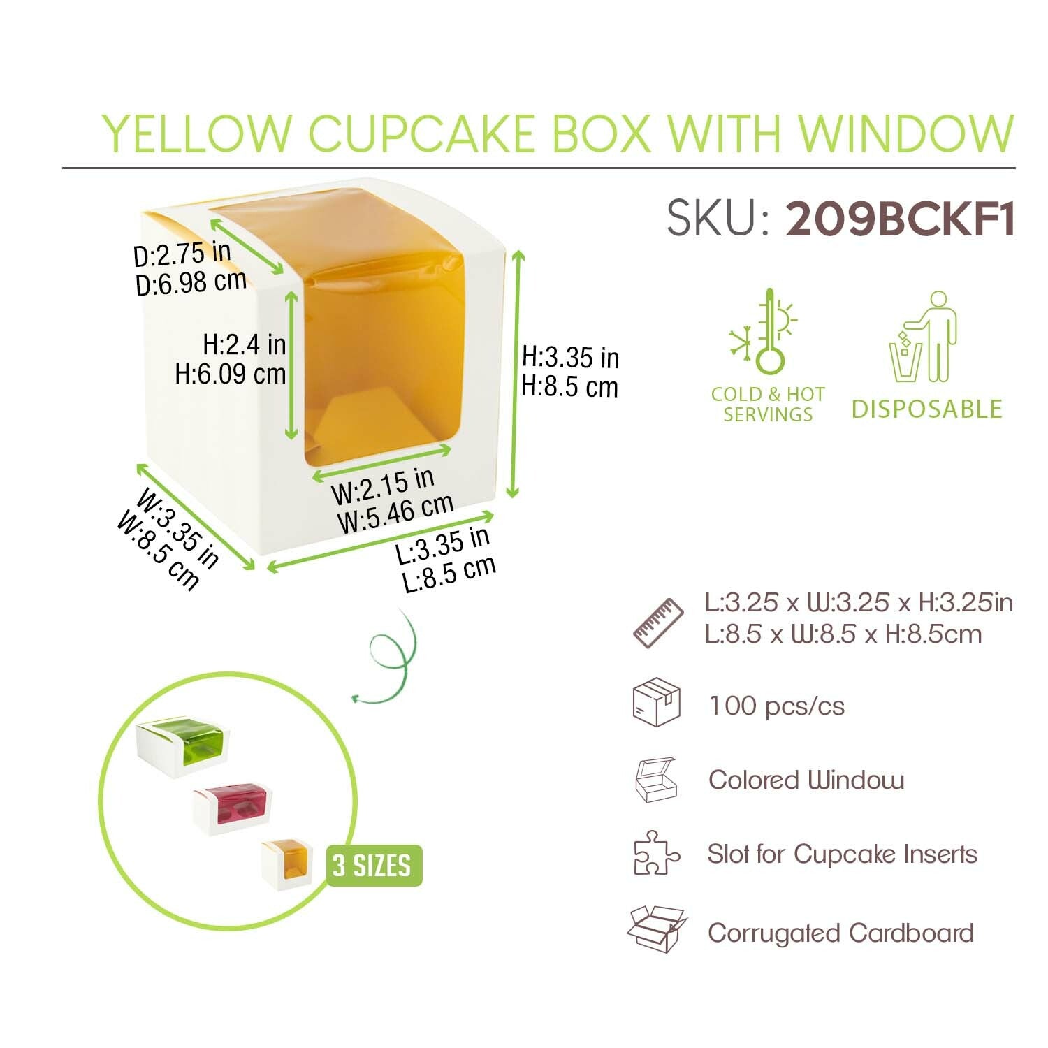 Yellow Cupcake Box With Window - L:3.35 X W:3.35 X H:3.35in 100 Pcs/Cs