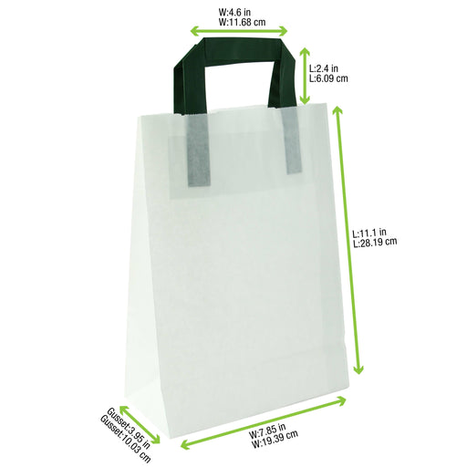White Recycled Paper Carrier Bag With Green Handles - W:7.9 X Gusset:4 X H:11in 250 Pcs/Cs