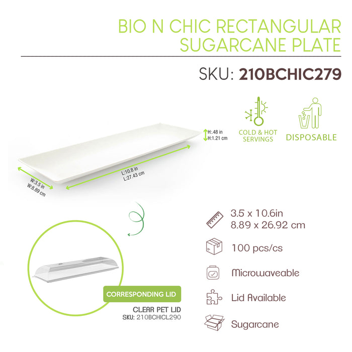 Bio N Chic Rectangular Sugarcane Plate - L:10.8 X W:3.5 X H:.48in 100 Pcs/Cs