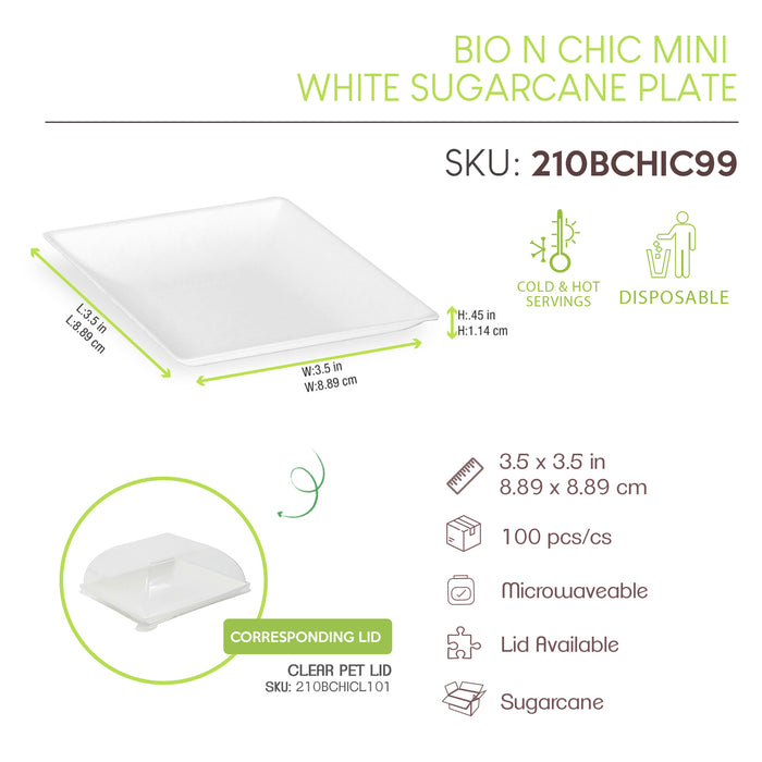 Bionchic Mini White Sugarcane Plate - L:3.5 X W:3.5 X H:.45in 100 Pcs/Cs