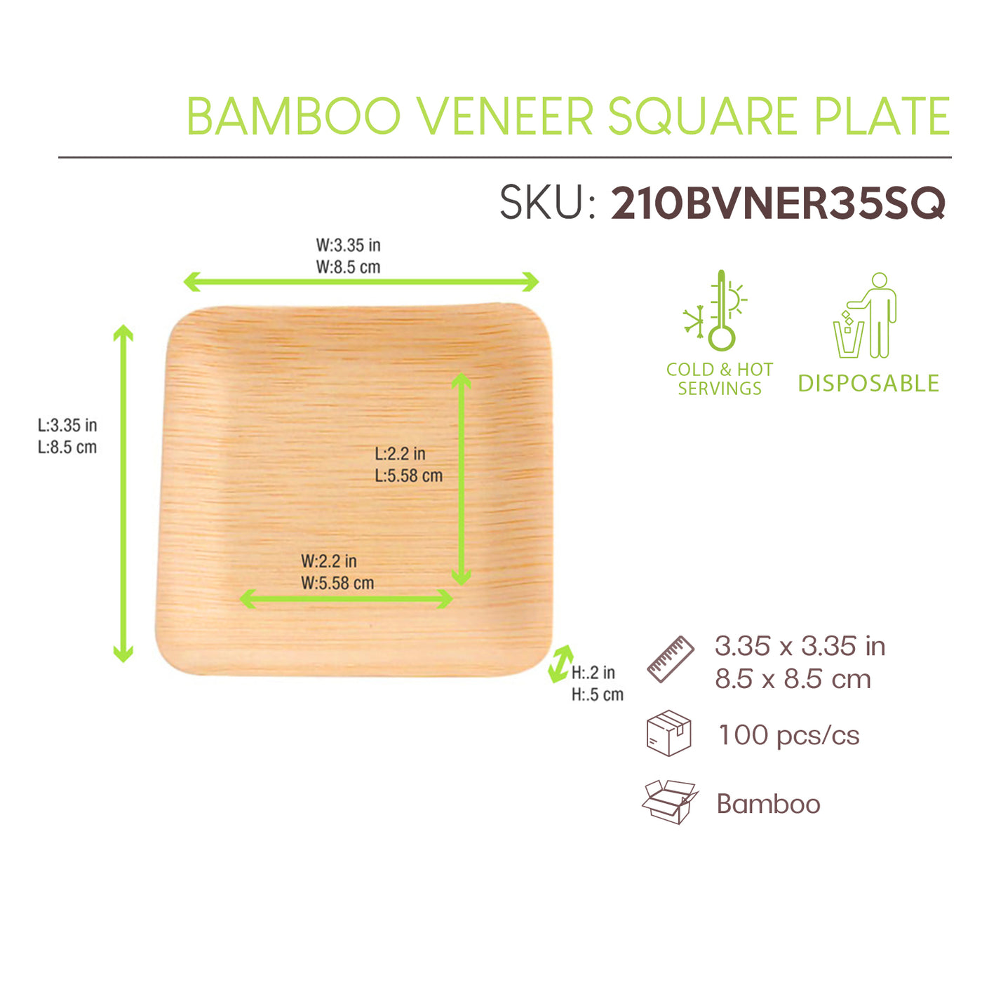 3.5 Inch Bamboo Veneer Square Plate ( L:3.35 X W:3.35 X H:.2in) 100 Pcs/Cs