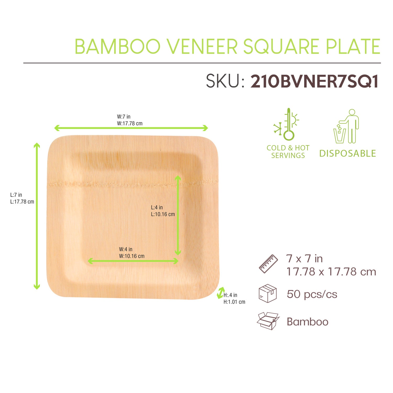 7 Inch Bamboo Veneer Square Plate ( L:7 X W:7) 50 Pcs/Cs
