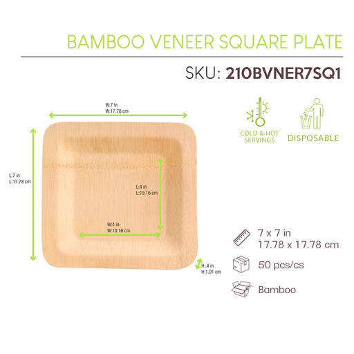 7 Inch Bamboo Veneer Square Plate ( L:7 X W:7) 50 Pcs/Cs