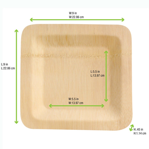 9 Inch Bamboo Veneer Square Plate ( L:9 X W:9 X H:.45in) 50 Pcs/Cs