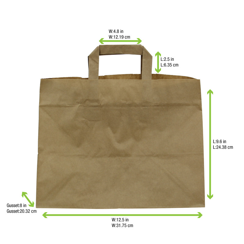 Large & Wide Paper Bag With Handle - W:8.7 X Gusset:12.5 X H:9.65in 250 Pcs/Cs (Black, White, or Kraft)