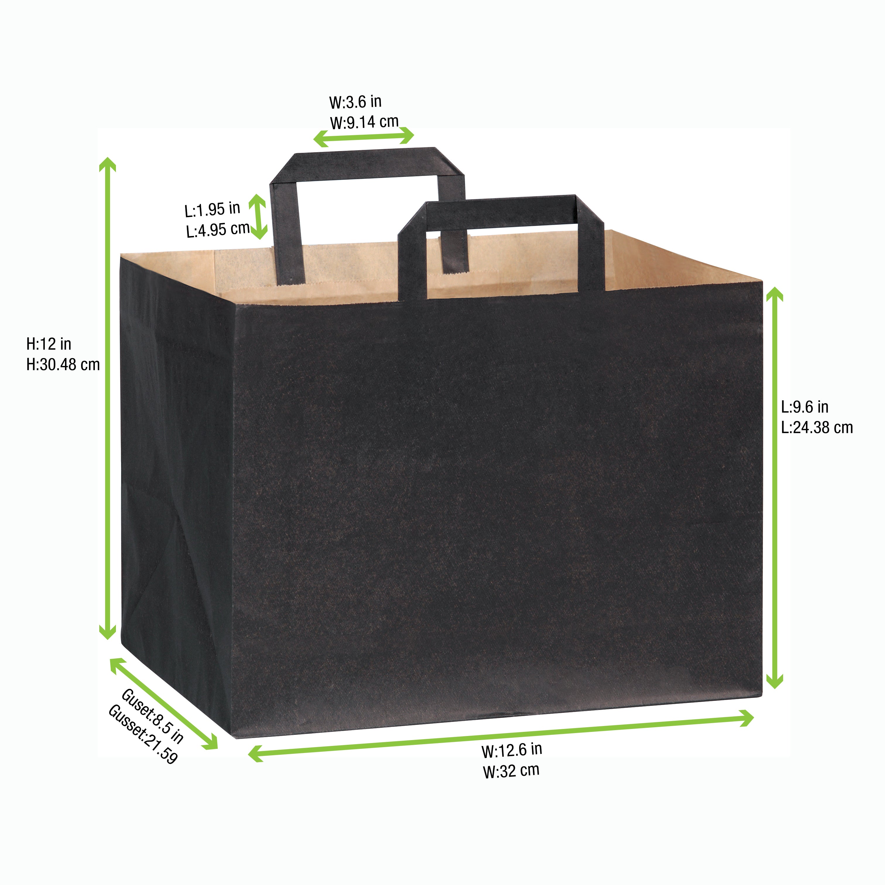 Large & Wide Paper Bag With Handle - W:8.7 X Gusset:12.5 X H:9.65in 250 Pcs/Cs (Black, White, or Kraft)