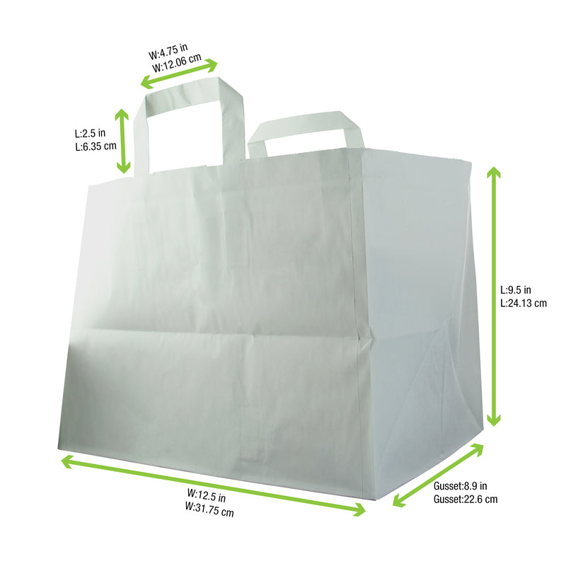 Large & Wide Paper Bag With Handle - W:8.7 X Gusset:12.5 X H:9.65in 250 Pcs/Cs (Black, White, or Kraft)