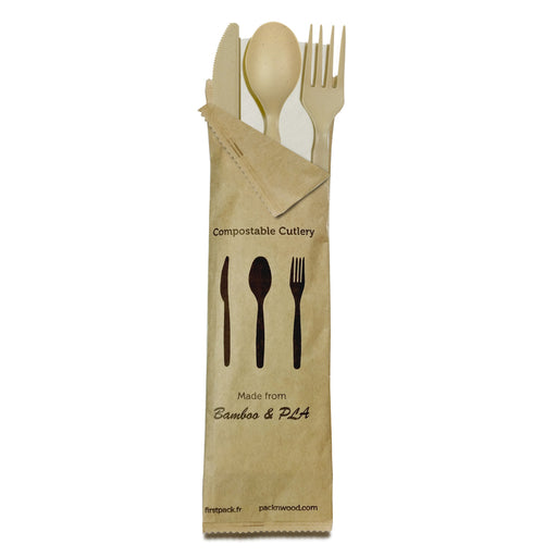 Compostable & Heat Proof Bamboo Fiber - 4/1 Cutlery Kit With Kraft Bag - 6 In. (250 KITS)