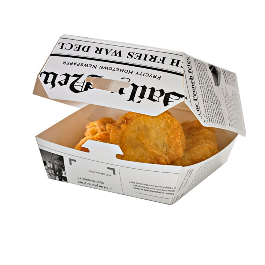White Newsprinted Hamburger Clamshell Take Out Box - 5.7 x 5.3 x 3.1" In. 500 Pcs/Cs