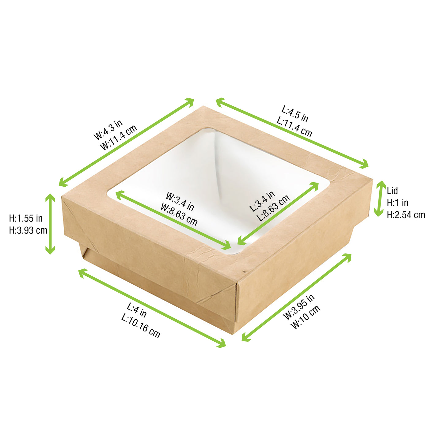 Kray Boxes With Pet Window Lid -14oz L:4 X W:3.95 X H:1.55in 250 Pcs/Cs (White or Kraft)