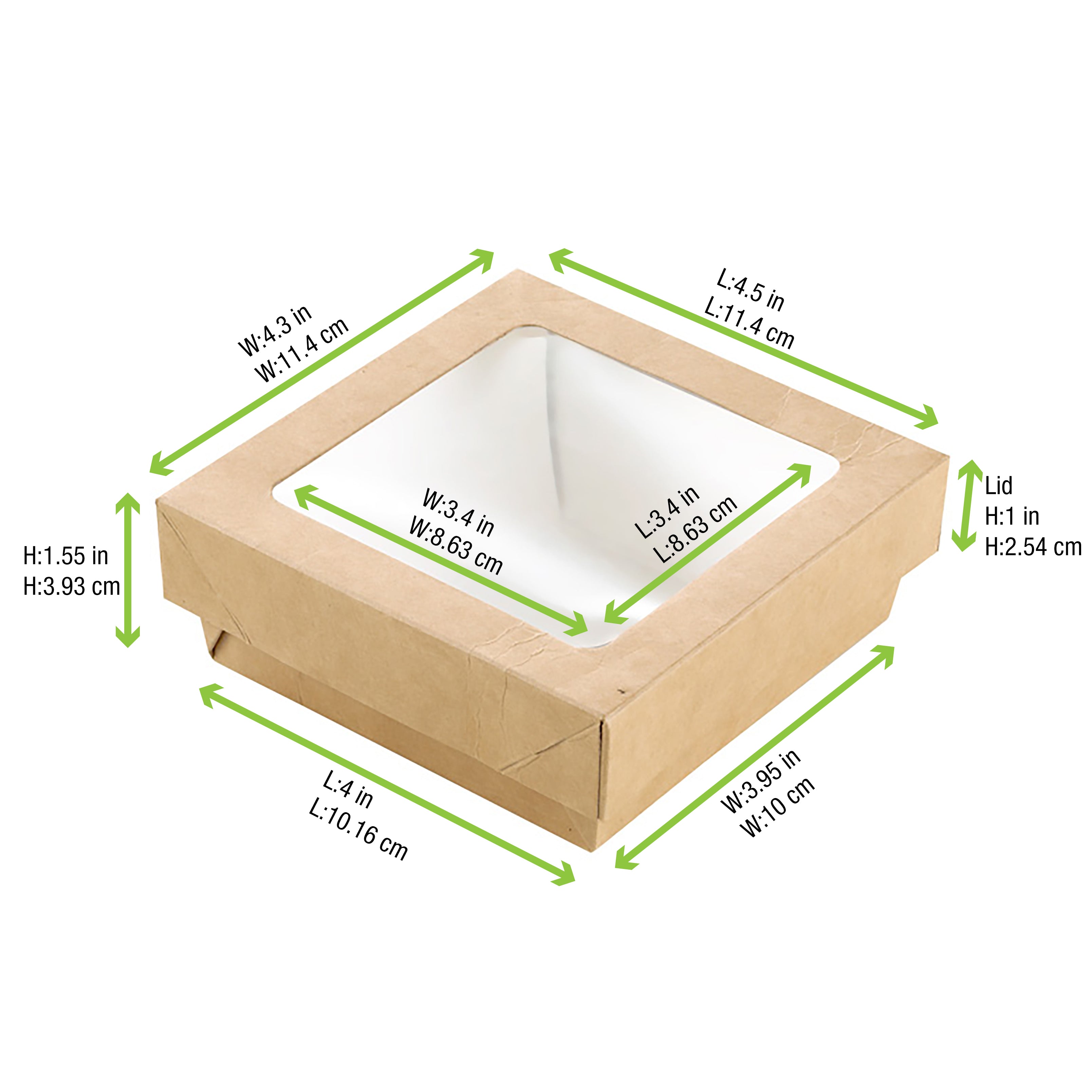 Kray Boxes With Pet Window Lid -14oz L:4 X W:3.95 X H:1.55in 250 Pcs/Cs (White or Kraft)