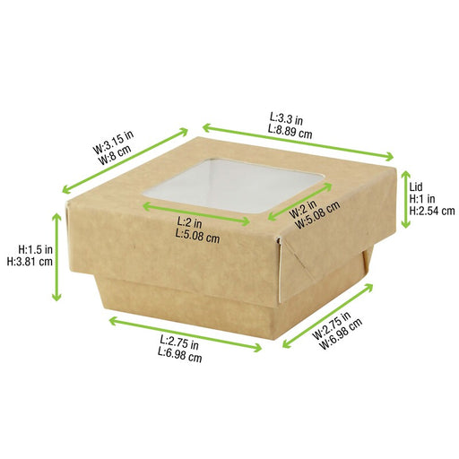 Kray Boxes With Pet Window Lid -8.5oz L:2.8 X W:2.8 X H:1.6in 250 Pcs/Cs (Avail. Kraft or White)