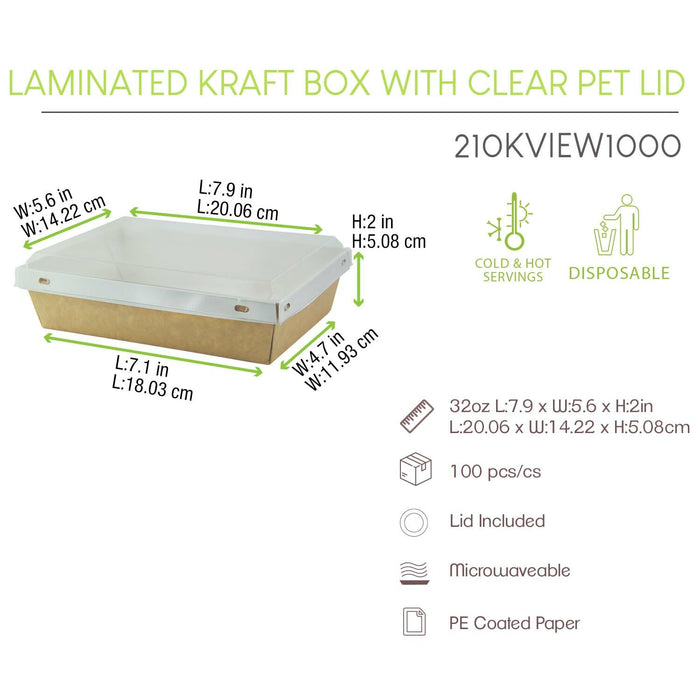 Laminated Kraft Box With Clear PET Lid - 32oz 7.9 X 5.5 X 2in 100 Pcs/Cs